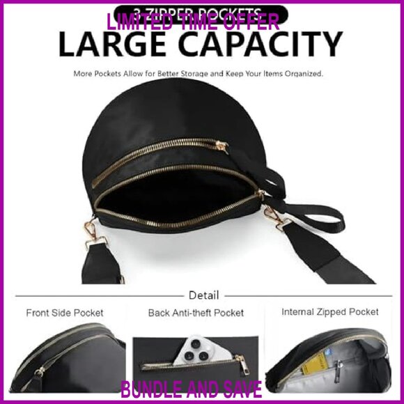 Checkered Crossbody Bag Nylon Fanny Pack Adjustable Strap 10.3x9x3.9in - Picture 7 of 8